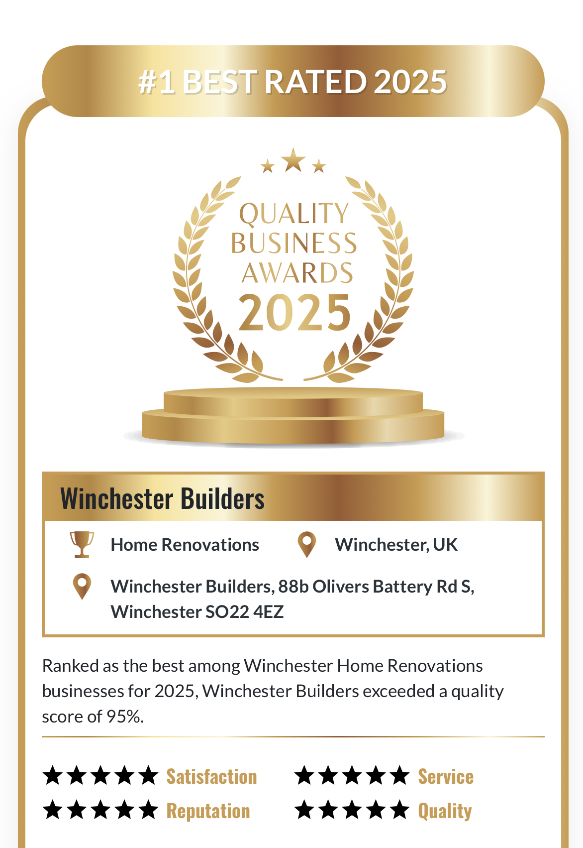 Quality Business Awards 2025 certificate: Winchester Builders, number one best rated for home renovations in Winchester